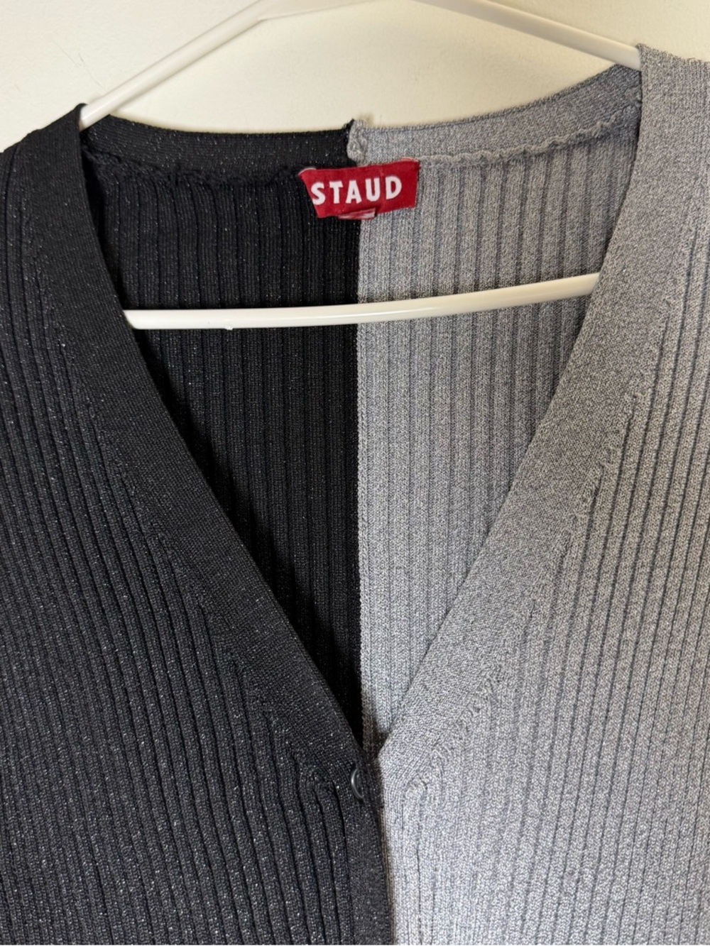 STAUD Two-Tone Ribbed V-Neck Cardigan - Black & Gray with Red Label